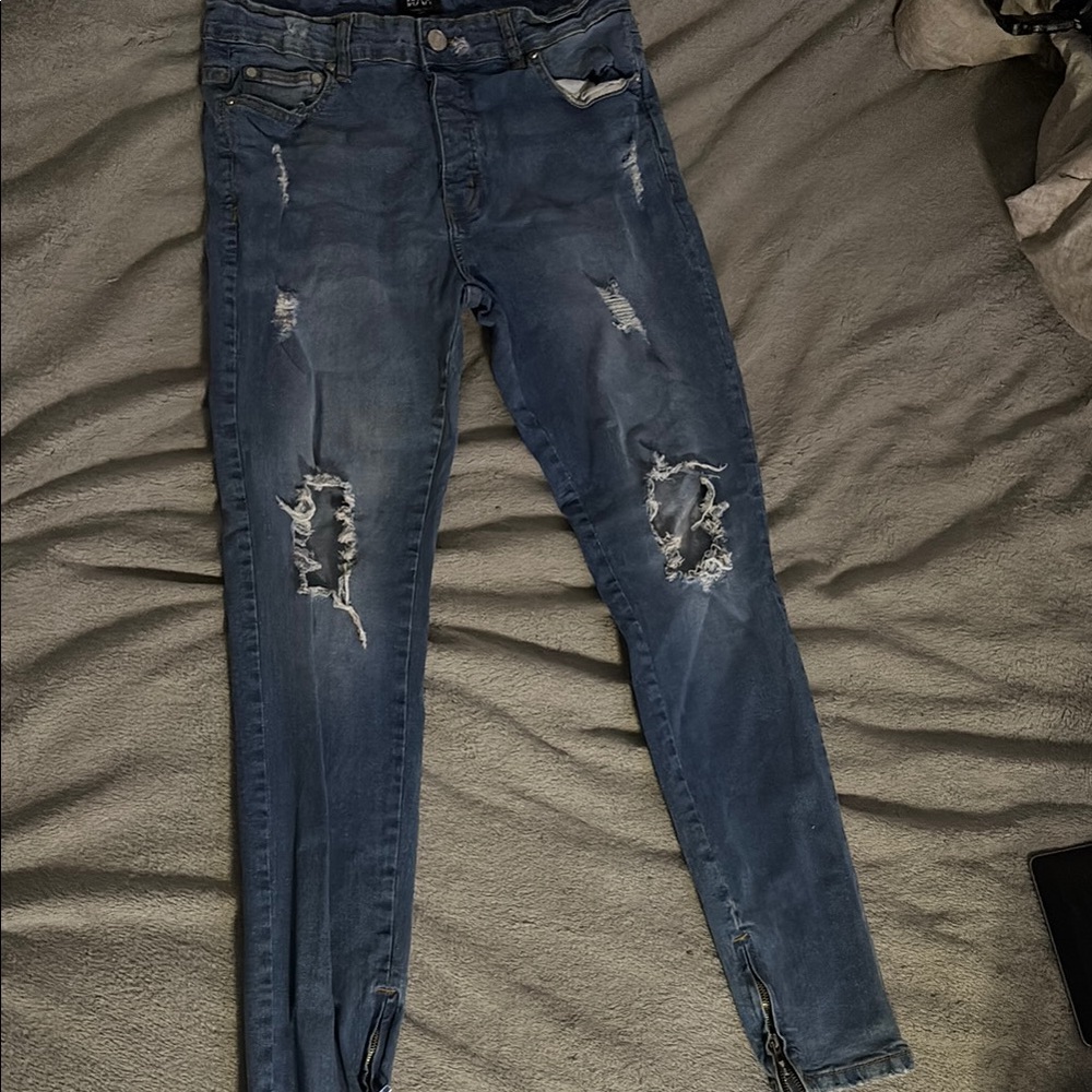 Boohoo Mens Blue Skinny Distressed Jeans